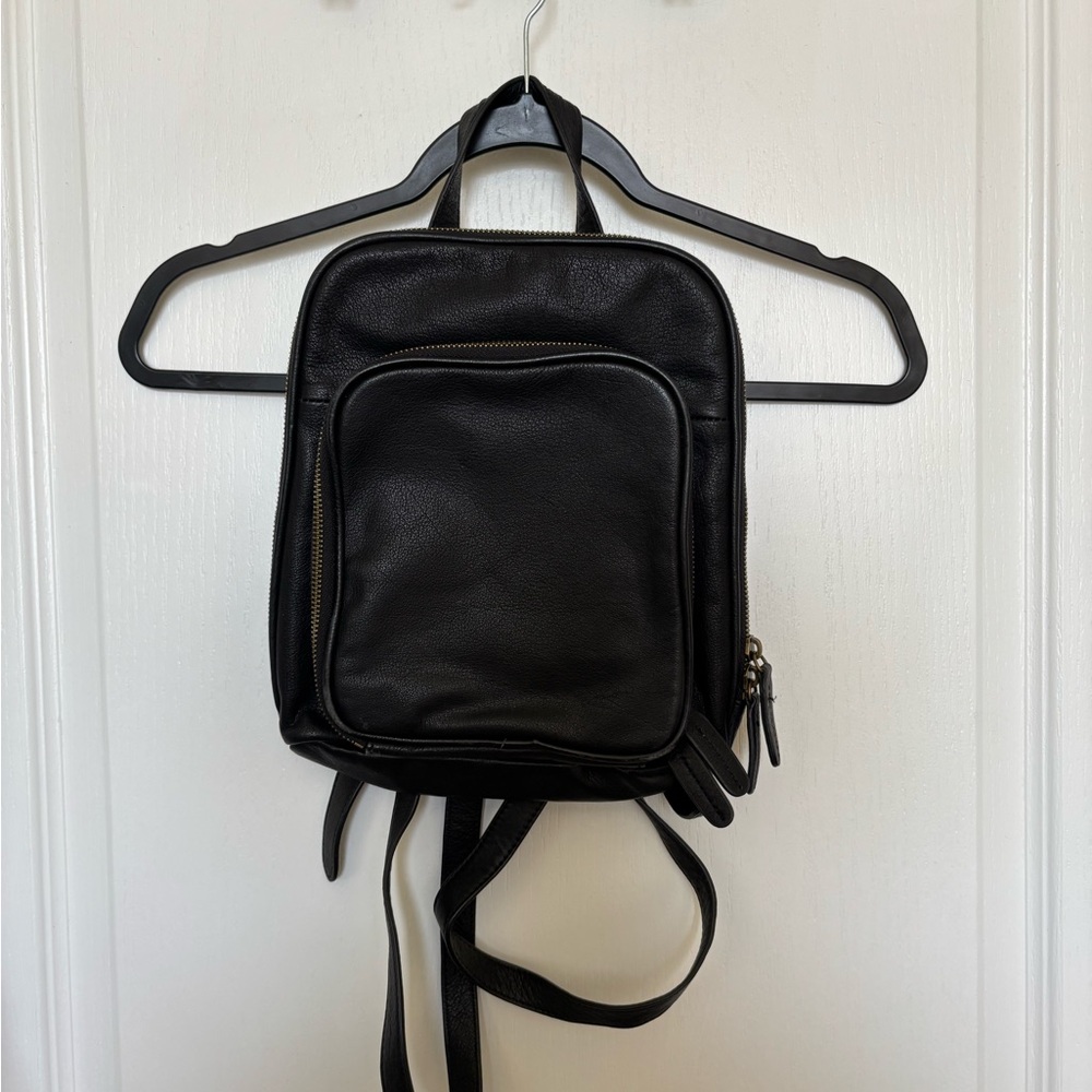 margot Black Leather Mini Backpack with Front Zip Pocket